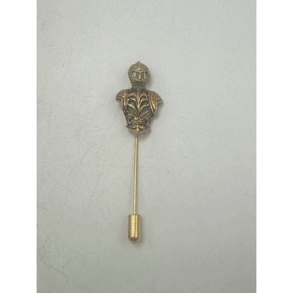 Vintage Knight Armor Stick Pin Gold Tone Medieval Fleur De Lis Lapel Pin